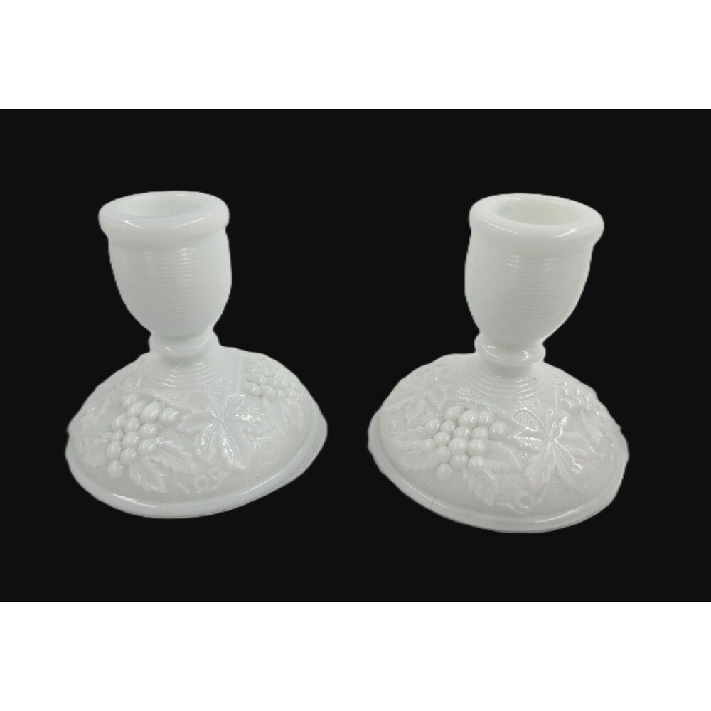 IMPERIAL GLASS Grape & Leaf Milk Glass Pair Of Candle Stick Holders Mid Century